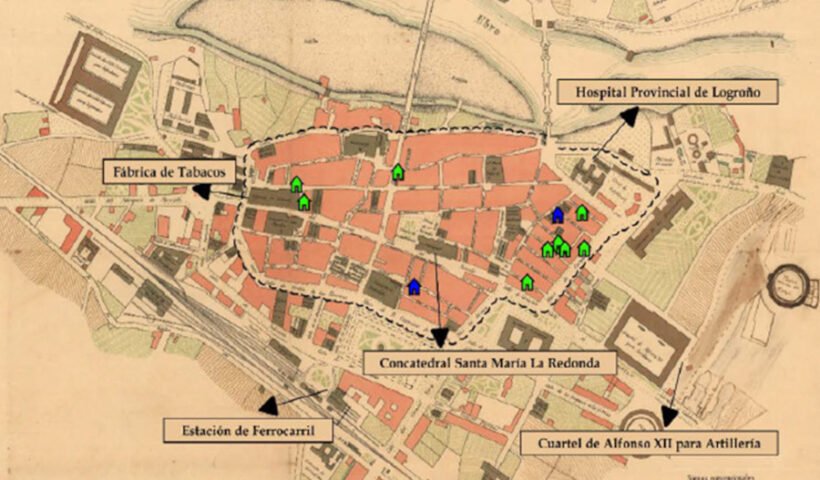 Mapa elaborado por Javier Zúñiga y Marina Segovia de las casas de lenocinio en Logroño de 1890 a 1910, zonificación del barrio de La Villanueva, sobre el plano de Gabriel Vizmanos de 1908