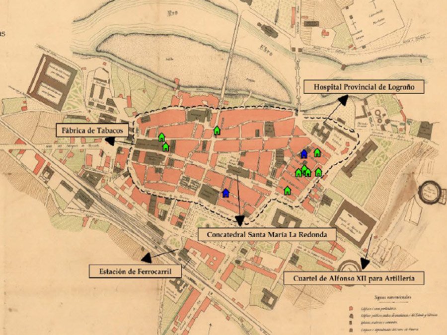 Mapa elaborado por Javier Zúñiga y Marina Segovia de las casas de lenocinio en Logroño de 1890 a 1910, zonificación del barrio de La Villanueva, sobre el plano de Gabriel Vizmanos de 1908