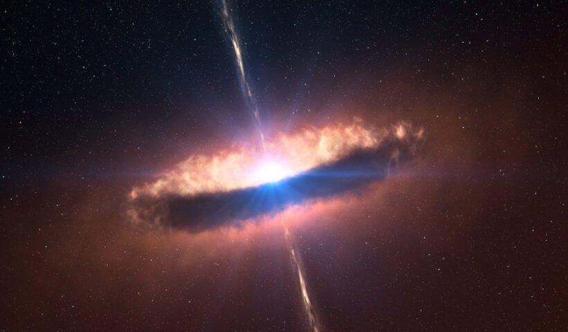 Artist's impression of a dusty disc closely encircling a massive baby star. Astronomers have been able to obtain the first image of such a disc, providing direct evidence that massive stars do form in the same way as their smaller brethren — and closing an enduring debate.The flared disc extends to about 130 times the Earth–Sun distance — or astronomical units (AU) — and has a mass similar to that of the star, roughly twenty times the Sun. In addition, the inner parts of the disc are shown to be devoid of dust.