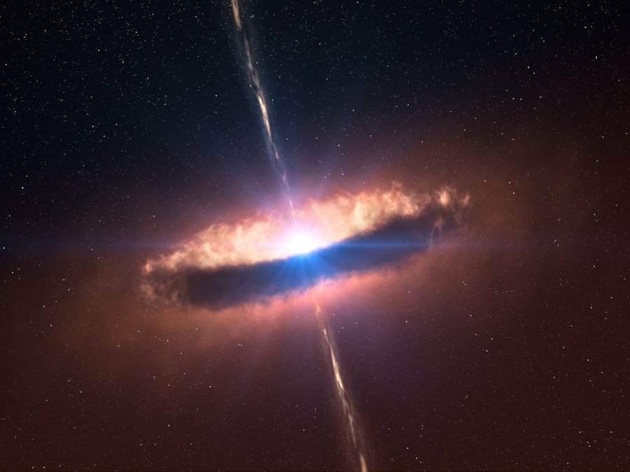 Artist's impression of a dusty disc closely encircling a massive baby star. Astronomers have been able to obtain the first image of such a disc, providing direct evidence that massive stars do form in the same way as their smaller brethren — and closing an enduring debate.The flared disc extends to about 130 times the Earth–Sun distance — or astronomical units (AU) — and has a mass similar to that of the star, roughly twenty times the Sun. In addition, the inner parts of the disc are shown to be devoid of dust.