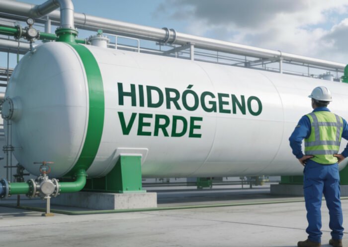 Operario frente a un depósito de hidrógeno verde (imagen generada por IA perplexity)