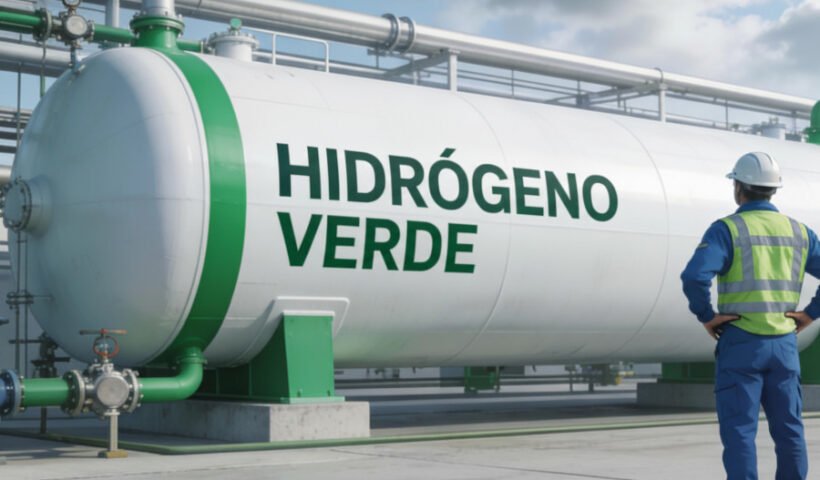 Operario frente a un depósito de hidrógeno verde (imagen generada por IA perplexity)