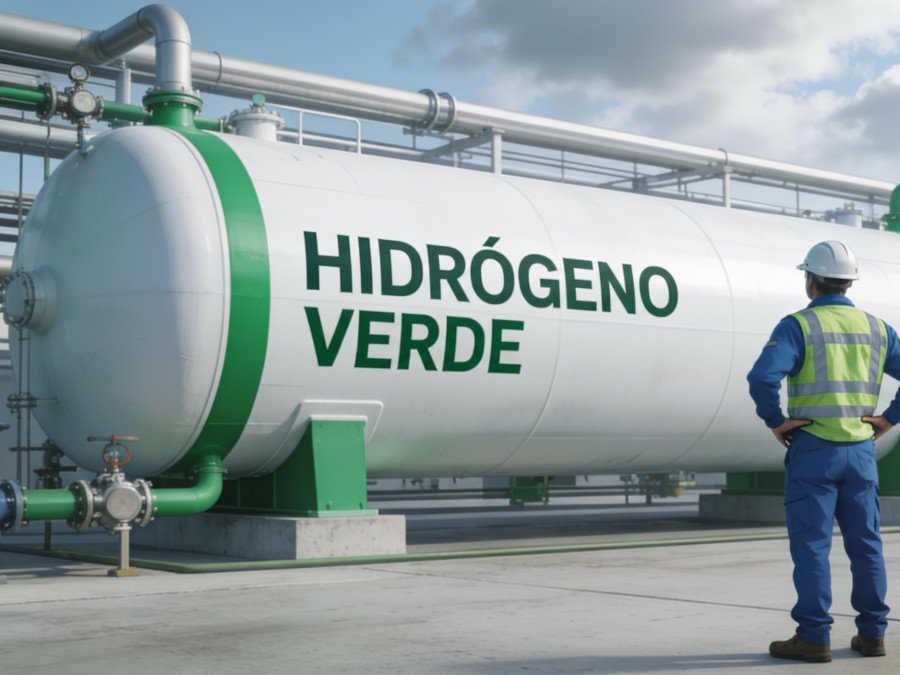 Operario frente a un depósito de hidrógeno verde (imagen generada por IA perplexity)